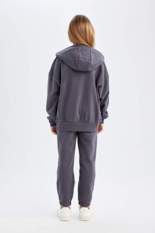 Kız Çocuk 2'li Takım Bisiklet Yaka Baskılı Sweatshirt Beli Lastikli Jogger  Eşofman Altı