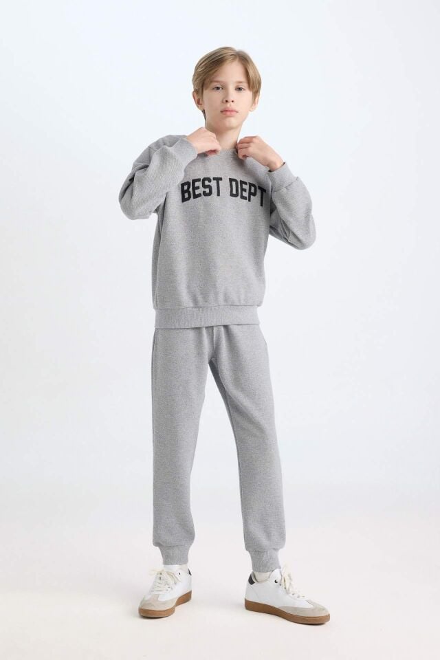 Erkek Çocuk  2'li Takım Bisiklet Yaka Baskılı Sweatshirt Eşofman Altı