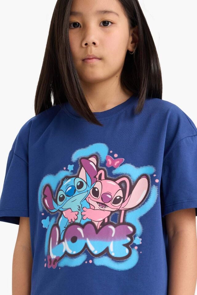 Kız Çocuk Disney Lilo & Stitch Relax Fit Bisiklet Yaka Kısa Kollu Tişört