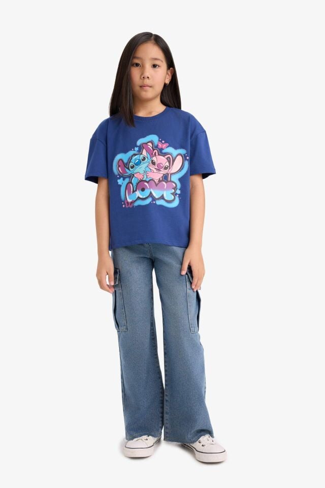 Kız Çocuk Disney Lilo & Stitch Relax Fit Bisiklet Yaka Kısa Kollu Tişört