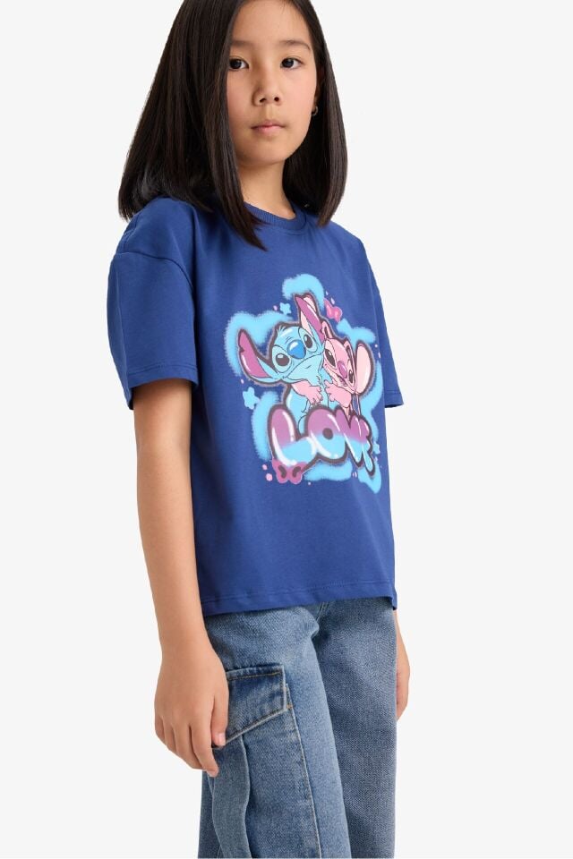 Kız Çocuk Disney Lilo & Stitch Relax Fit Bisiklet Yaka Kısa Kollu Tişört