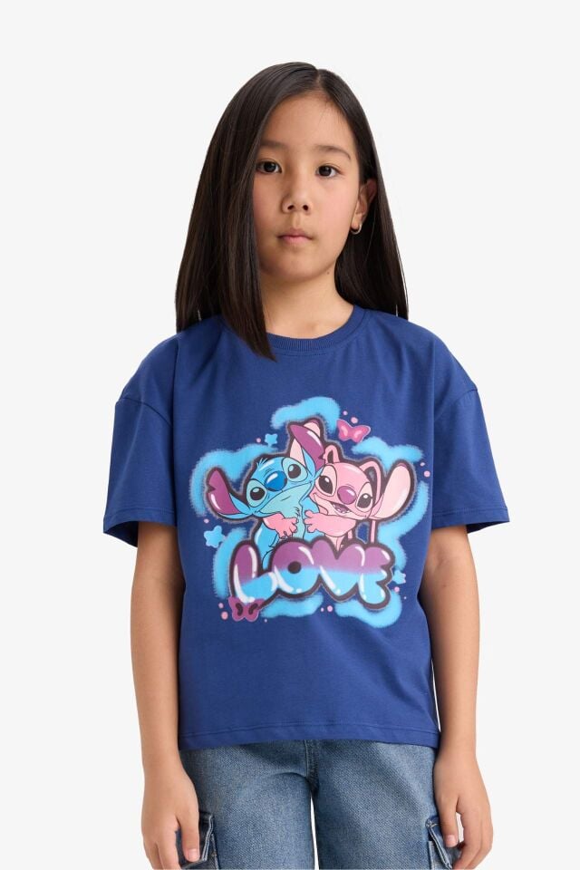 Kız Çocuk Disney Lilo & Stitch Relax Fit Bisiklet Yaka Kısa Kollu Tişört