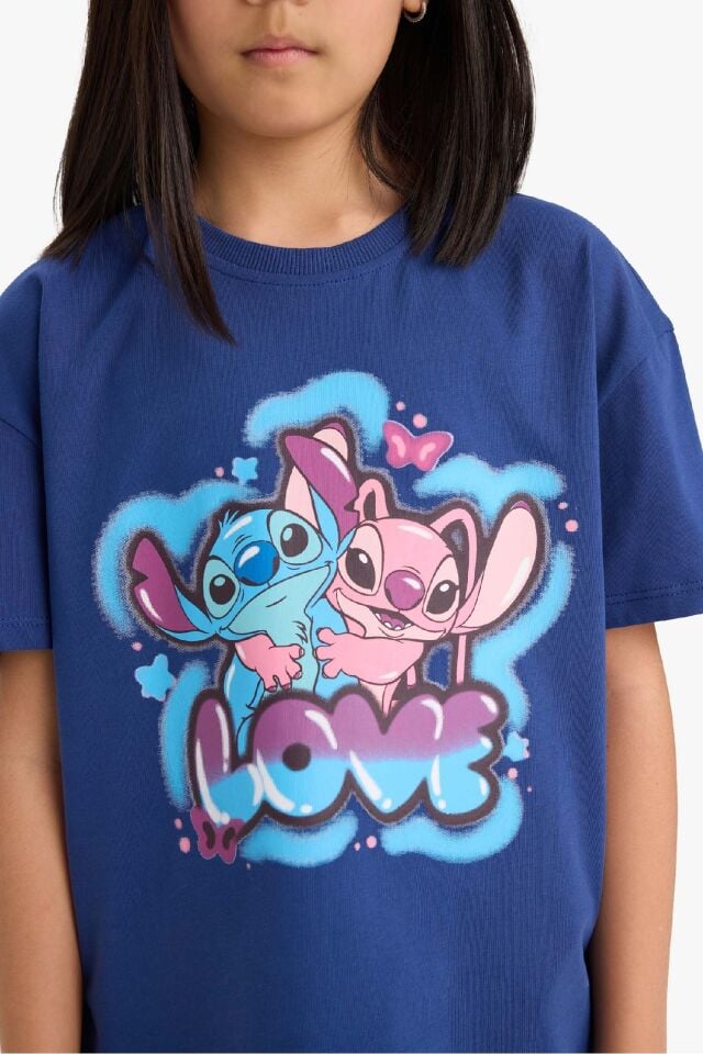 Kız Çocuk Disney Lilo & Stitch Relax Fit Bisiklet Yaka Kısa Kollu Tişört