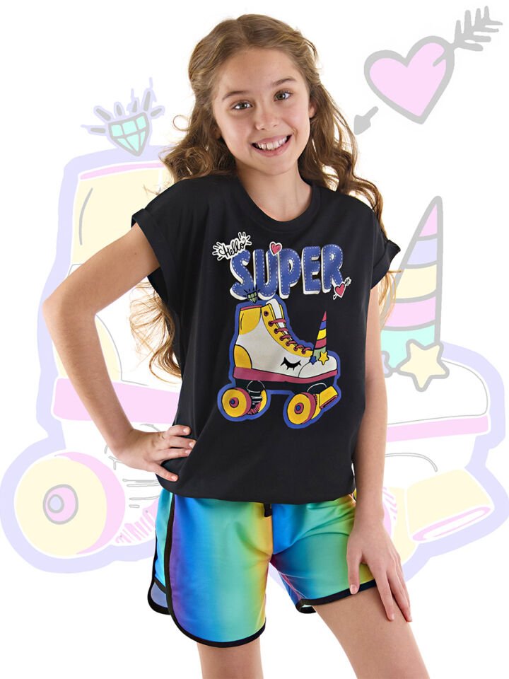 Unicorn Paten Kız Çocuk T-shirt Şort Takım 10 Y - Siyah