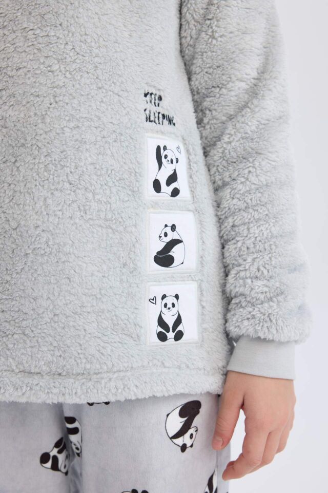 Kız Çocuk Pelüş Pijama Takımı Bisiklet Yaka Baskılı Uzun Kollu Üst Beli Lastikli Uzun Alt