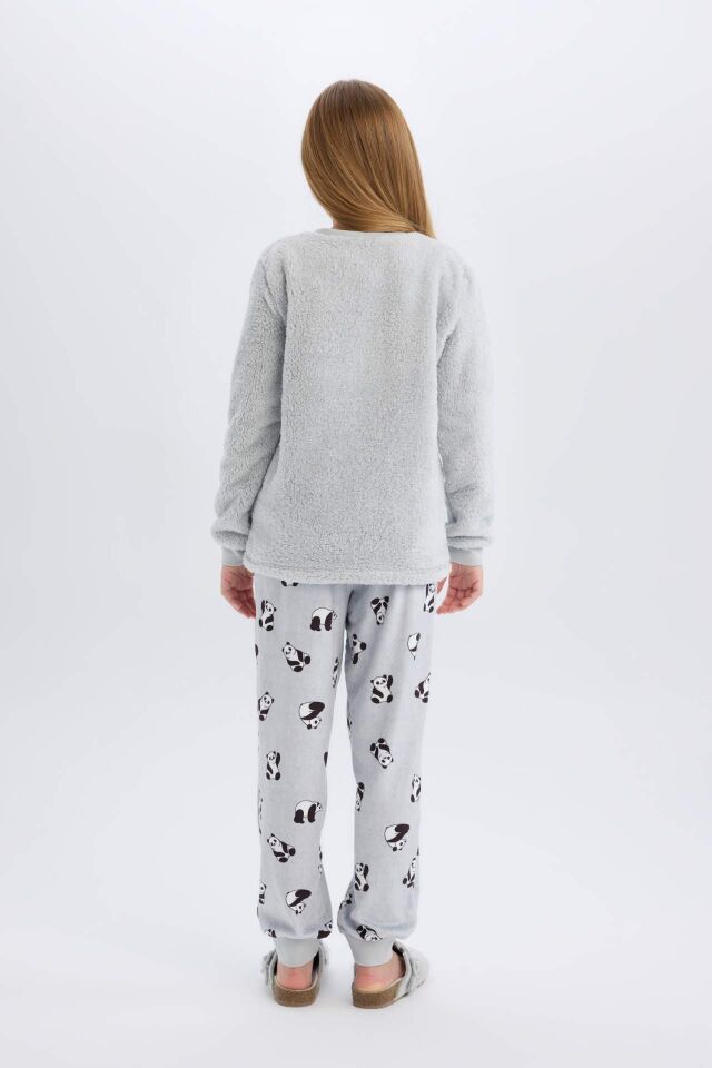 Kız Çocuk Pelüş Pijama Takımı Bisiklet Yaka Baskılı Uzun Kollu Üst Beli Lastikli Uzun Alt