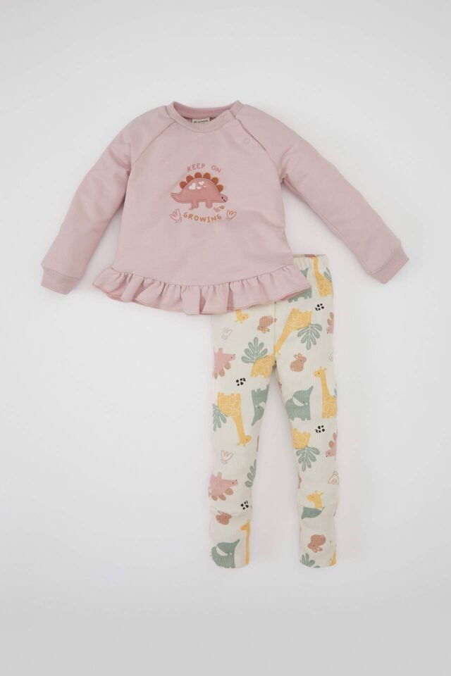 Kız Bebek 2'li Takım Baskılı Bisiklet Yaka Sweatshirt Üst Beli Lastikli Desenli Uzun Tayt