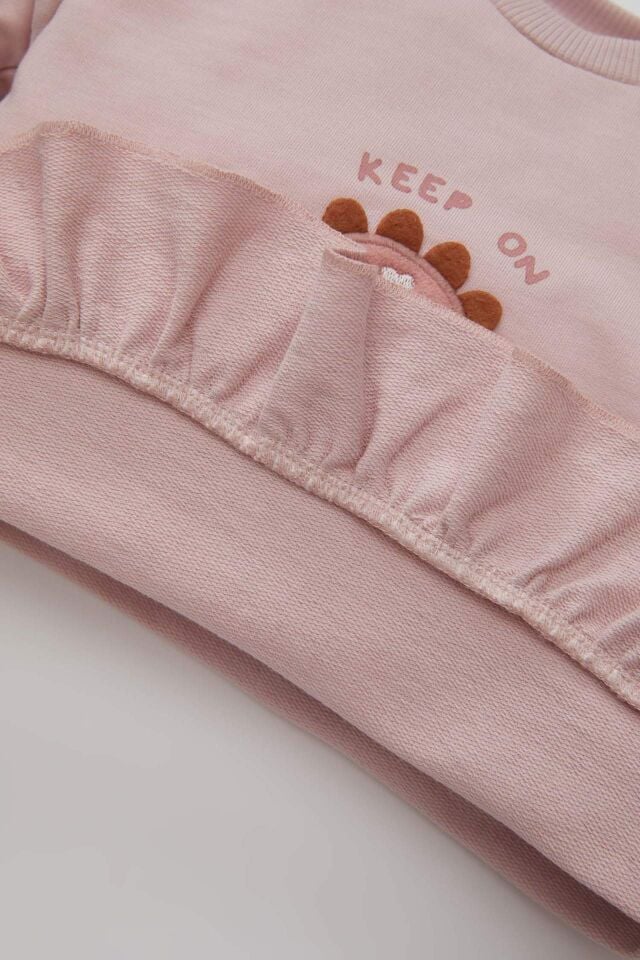 Kız Bebek 2'li Takım Baskılı Bisiklet Yaka Sweatshirt Üst Beli Lastikli Desenli Uzun Tayt