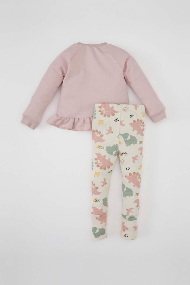 Kız Bebek 2'li Takım Baskılı Bisiklet Yaka Sweatshirt Üst Beli Lastikli Desenli Uzun Tayt