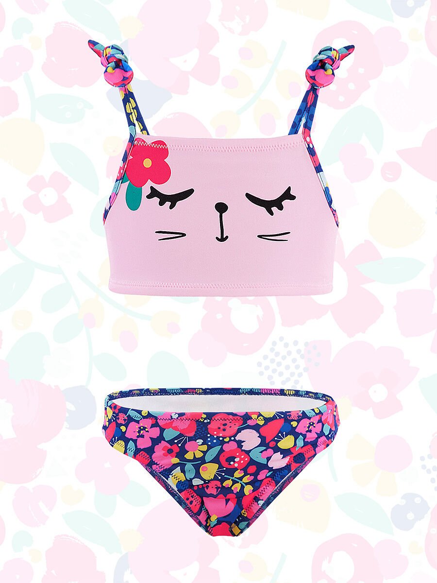 Çiçekli Kedi Kız Çocuk Bikini 4-5 Y - Pembe, Lacivert
