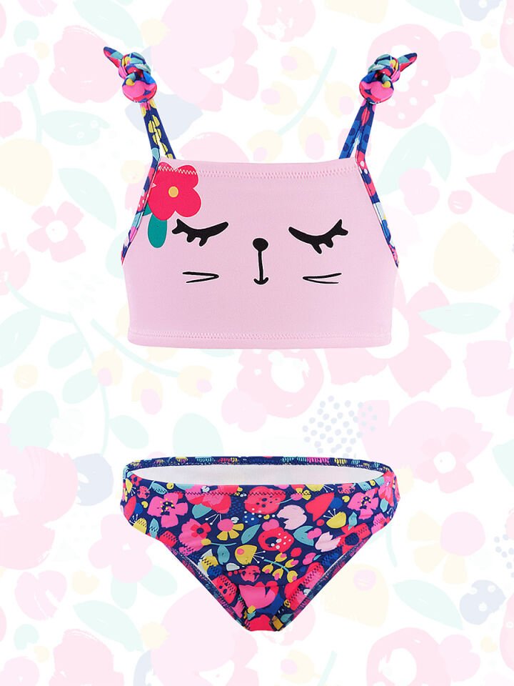 Çiçekli Kedi Kız Çocuk Bikini 4-5 Y - Pembe, Lacivert