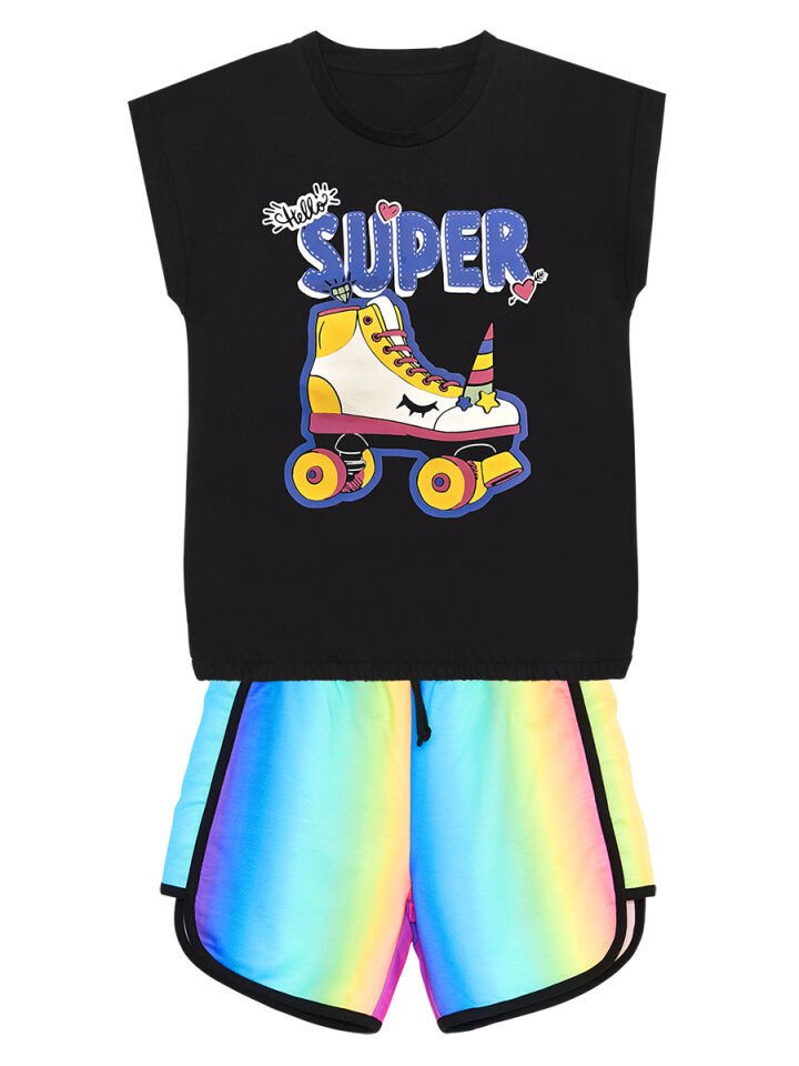 Unicorn Paten Kız Çocuk T-shirt Şort Takım 7 Y - Siyah