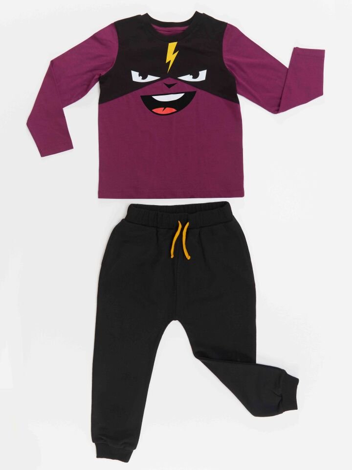 Şimşek Maske Erkek Çocuk T-shirt Pantolon Takım 4 Y - Siyah, Mor