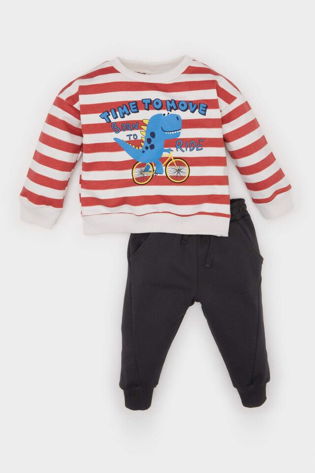 Erkek Bebek 2'li Takım Bisiklet Yaka Çizgili Dinazor Baskılı Sweatshirt Beli Lastikli Eşofman Altı