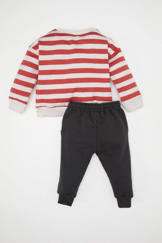 Erkek Bebek 2'li Takım Bisiklet Yaka Çizgili Dinazor Baskılı Sweatshirt Beli Lastikli Eşofman Altı