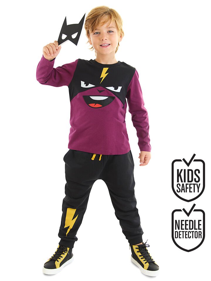 Şimşek Maske Erkek Çocuk T-shirt Pantolon Takım 5 Y - Siyah, Mor