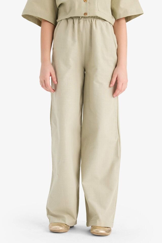 Kız Çocuk Beli Lastikli Wide Leg Geniş Bol Paça Pamuklu Pantolon