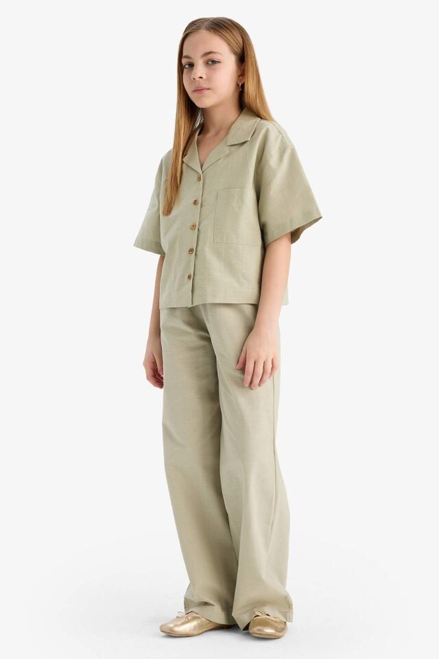 Kız Çocuk Beli Lastikli Wide Leg Geniş Bol Paça Pamuklu Pantolon
