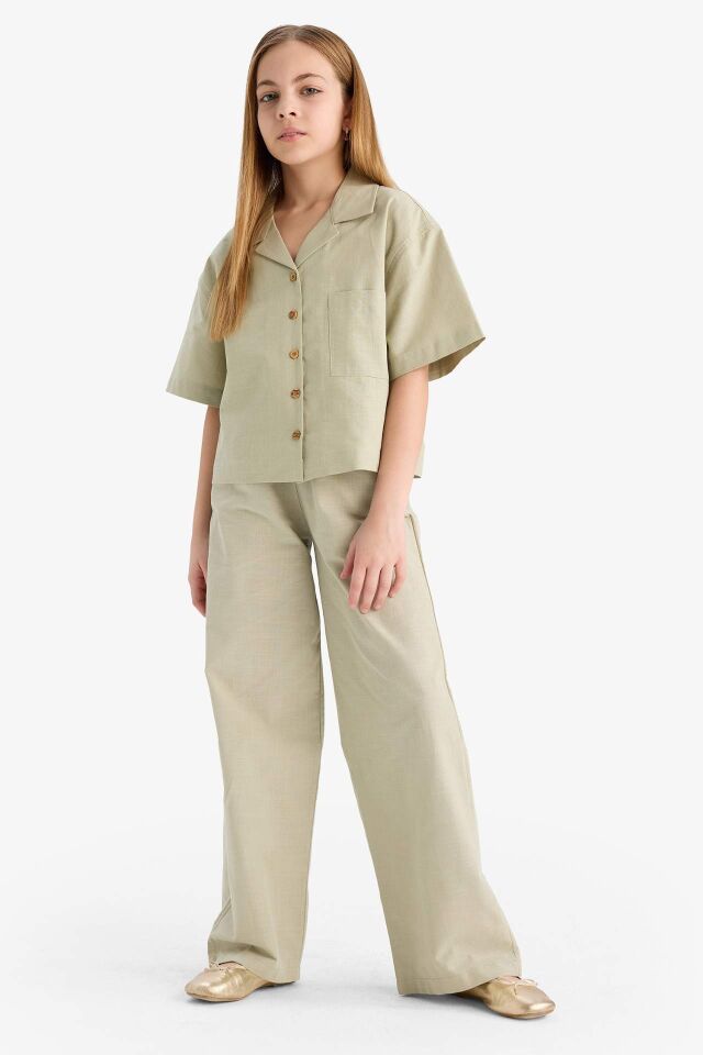 Kız Çocuk Beli Lastikli Wide Leg Geniş Bol Paça Pamuklu Pantolon