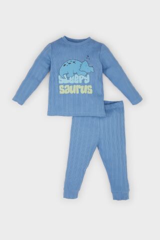 Erkek Bebek Pijama Takımı Fitilli Kaşkorse Dinazor Baskılı Uzun Kollu Üst Beli Lastikli Uzun Alt