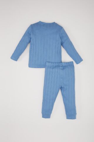 Erkek Bebek Pijama Takımı Fitilli Kaşkorse Dinazor Baskılı Uzun Kollu Üst Beli Lastikli Uzun Alt