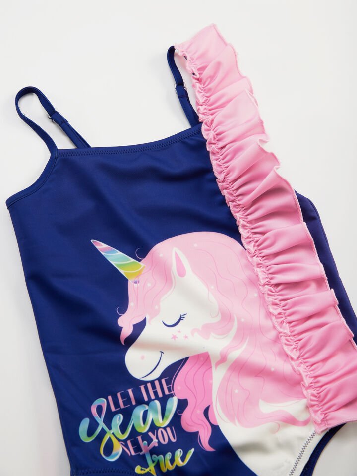 Fırfırlı Unicorn Kız Çocuk Mayo 5-6 Y - Lacivert, Pembe