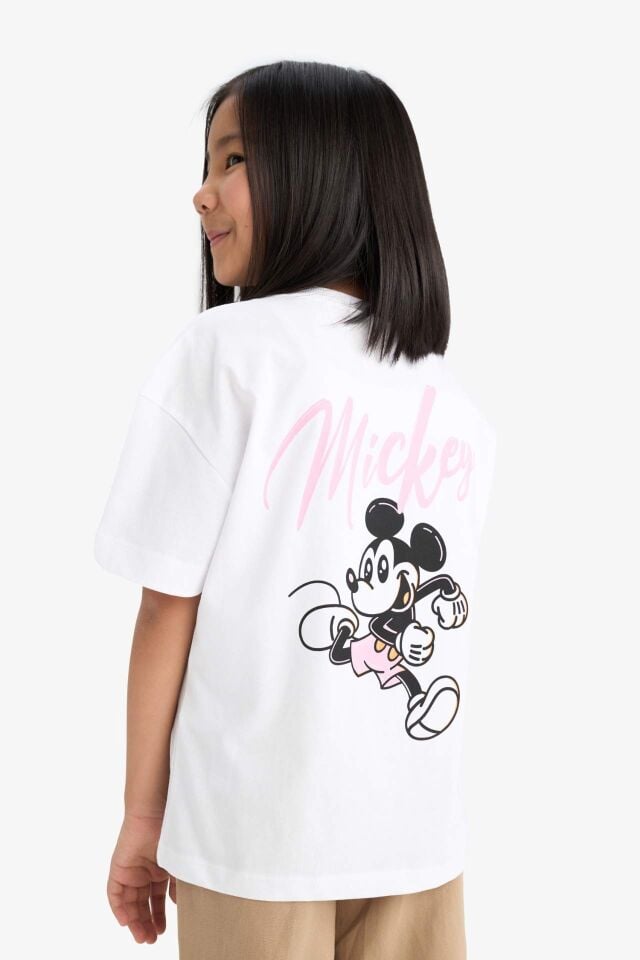 Kız Çocuk Disney Mickey & Minnie Oversize Geniş Kalıp Bisiklet Yaka Sırt Baskılı Kısa Kollu Tişört