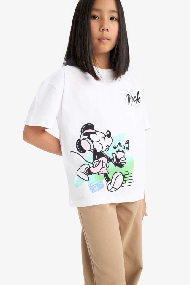 Kız Çocuk Disney Mickey & Minnie Oversize Geniş Kalıp Bisiklet Yaka Sırt Baskılı Kısa Kollu Tişört