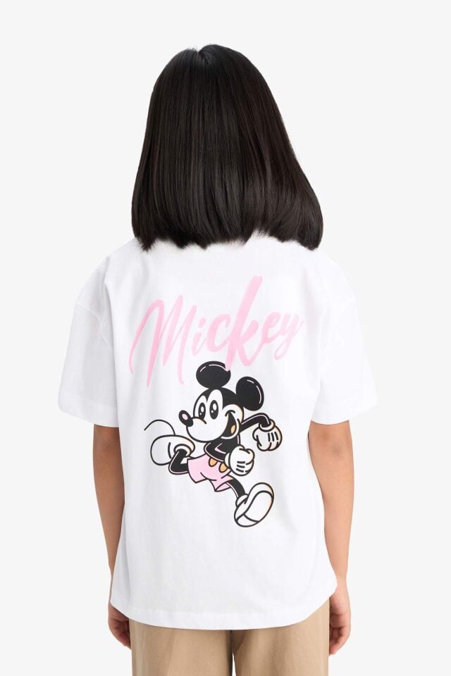 Kız Çocuk Disney Mickey & Minnie Oversize Geniş Kalıp Bisiklet Yaka Sırt Baskılı Kısa Kollu Tişört