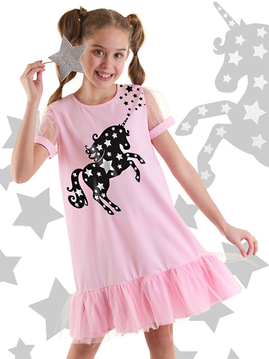Yıldızlı Unicorn Kız Çocuk Pembe Tüllü Elbise