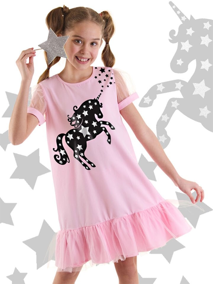 Yıldızlı Unicorn Kız Çocuk Pembe Tüllü Elbise