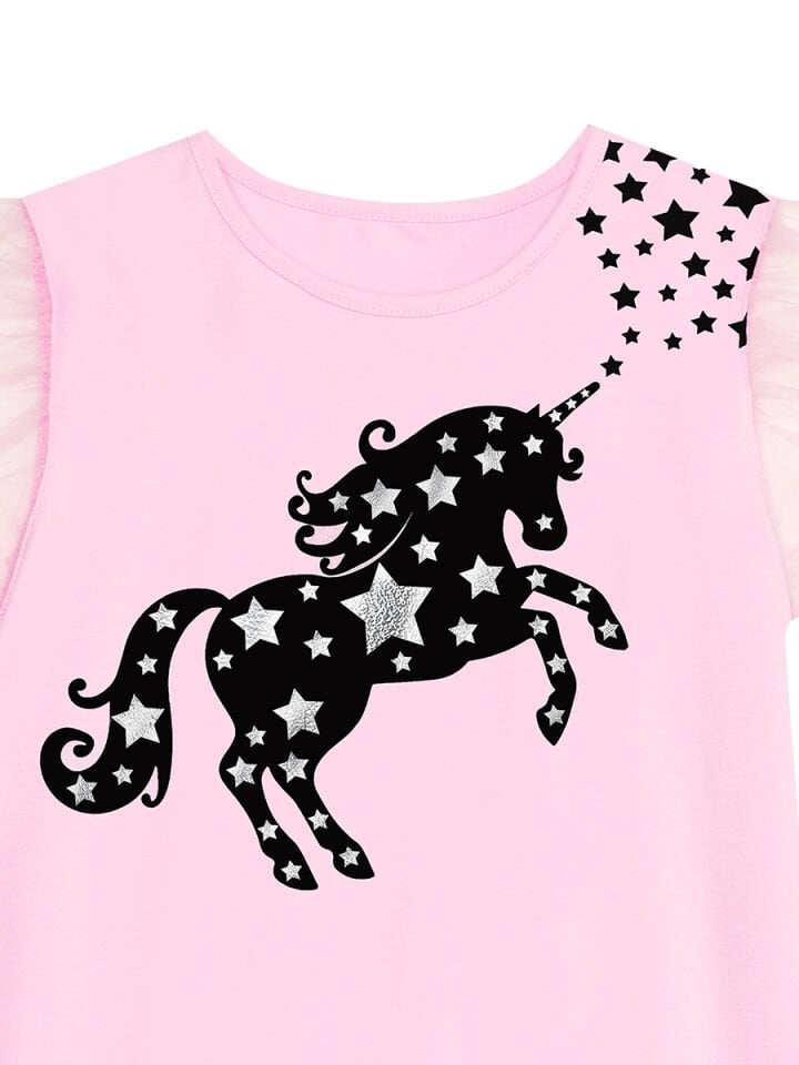Yıldızlı Unicorn Kız Çocuk Pembe Tüllü Elbise