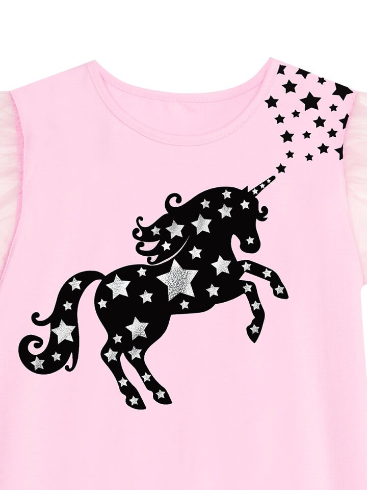 Yıldızlı Unicorn Kız Çocuk Pembe Tüllü Elbise