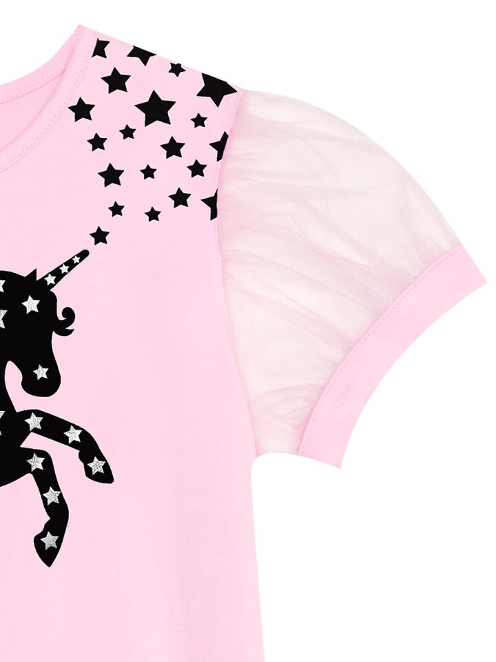 Yıldızlı Unicorn Kız Çocuk Pembe Tüllü Elbise
