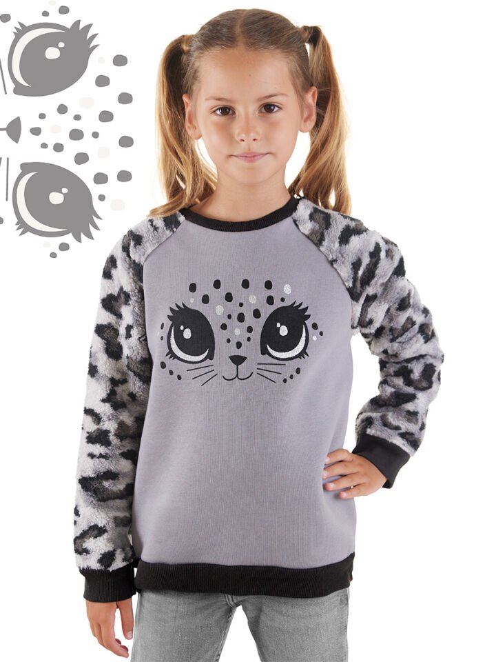 Leopar Peluş Kız Çocuk Sweatshirt 3 Y - Gri