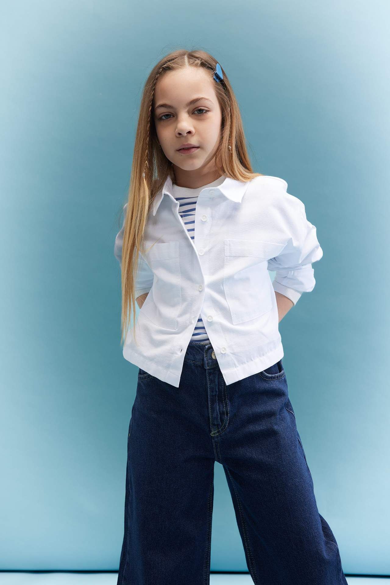 Kız Çocuk Cropped Fit Oxford Uzun Kollu Gömlek