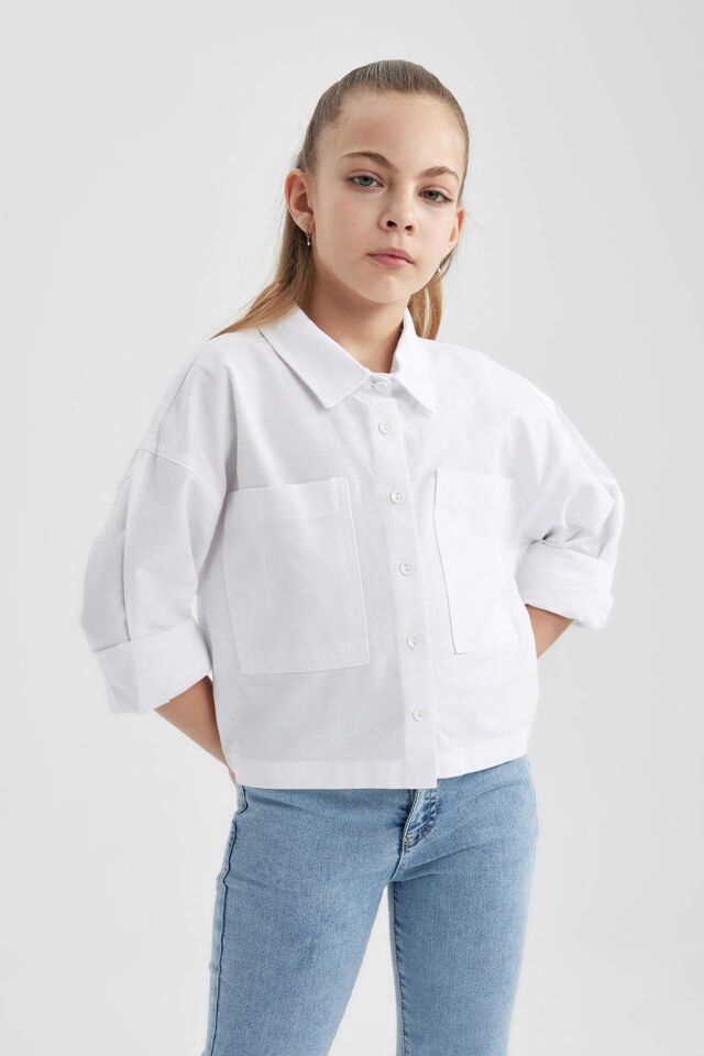 Kız Çocuk Cropped Fit Oxford Uzun Kollu Gömlek