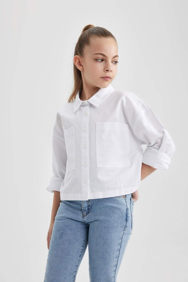 Kız Çocuk Cropped Fit Oxford Uzun Kollu Gömlek