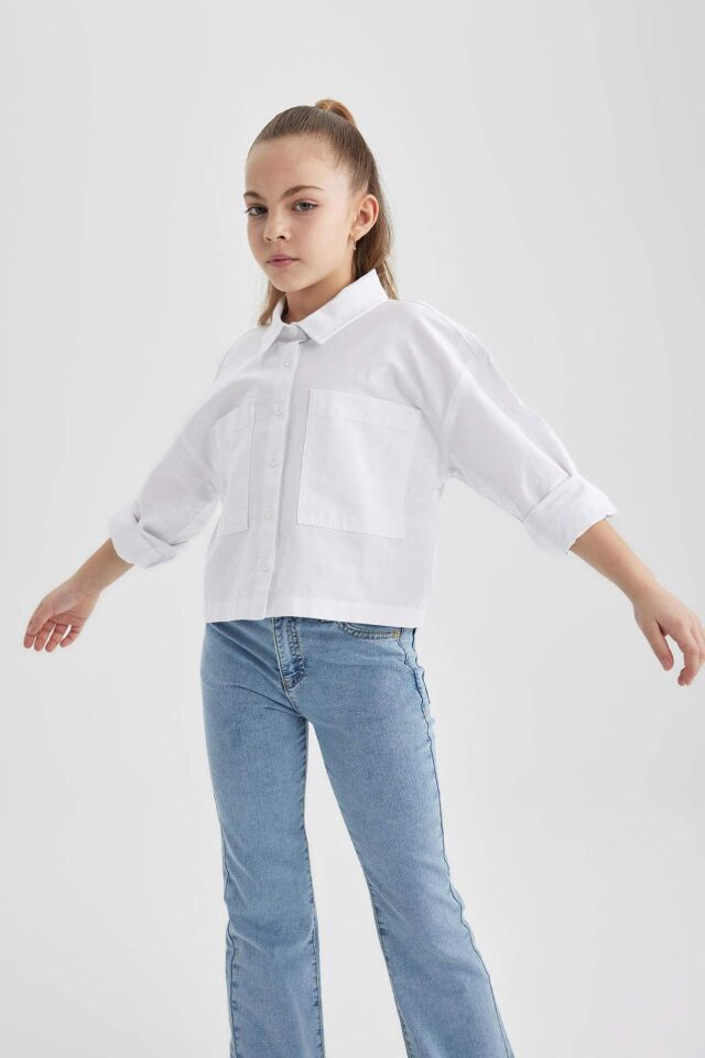 Kız Çocuk Cropped Fit Oxford Uzun Kollu Gömlek