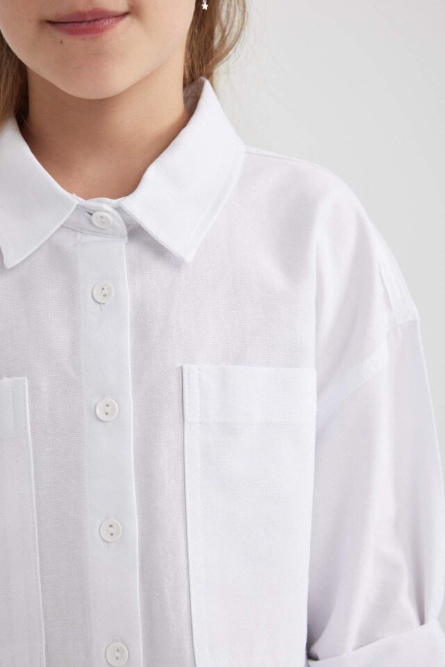 Kız Çocuk Cropped Fit Oxford Uzun Kollu Gömlek