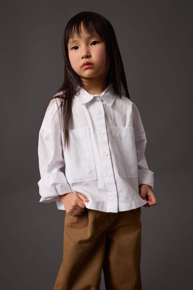 Kız Çocuk Cropped Fit Oxford Uzun Kollu Gömlek