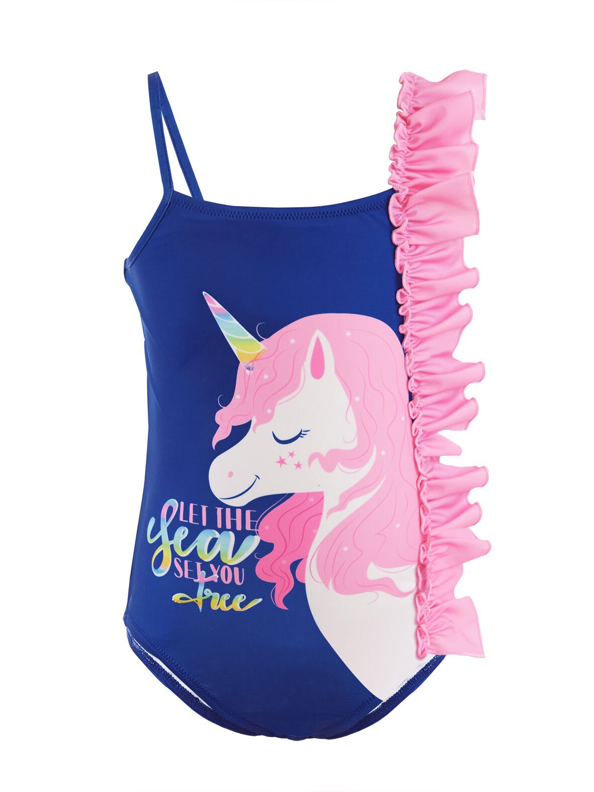 Fırfırlı Unicorn Kız Çocuk Mayo 5-6 Y - Lacivert, Pembe