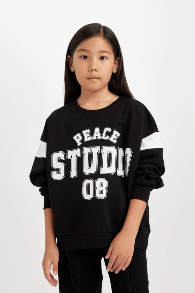 Kız Çocuk Siyah Relax Fit Bisiklet Yaka Baskılı Sweatshirt