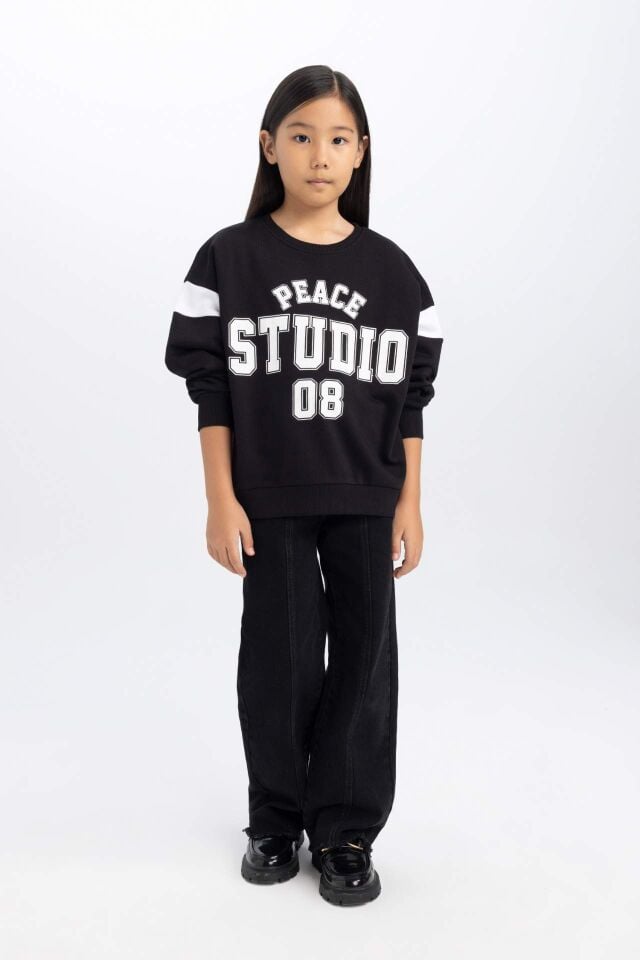 Kız Çocuk Siyah Relax Fit Bisiklet Yaka Baskılı Sweatshirt