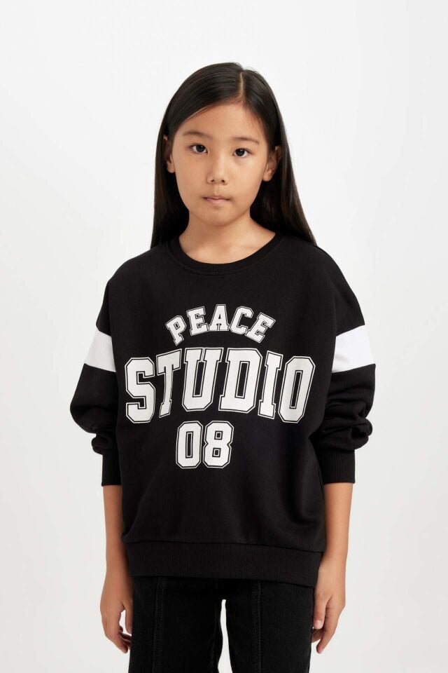 Kız Çocuk Siyah Relax Fit Bisiklet Yaka Baskılı Sweatshirt