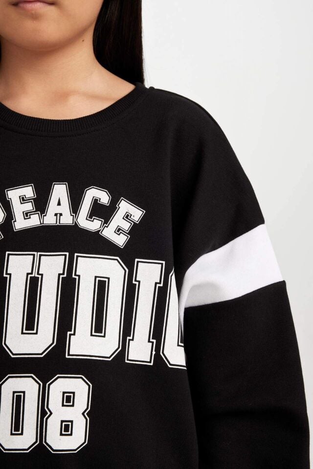 Kız Çocuk Siyah Relax Fit Bisiklet Yaka Baskılı Sweatshirt