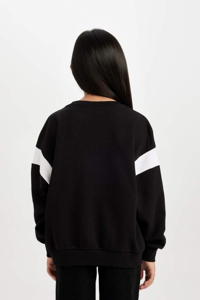 Kız Çocuk Siyah Relax Fit Bisiklet Yaka Baskılı Sweatshirt