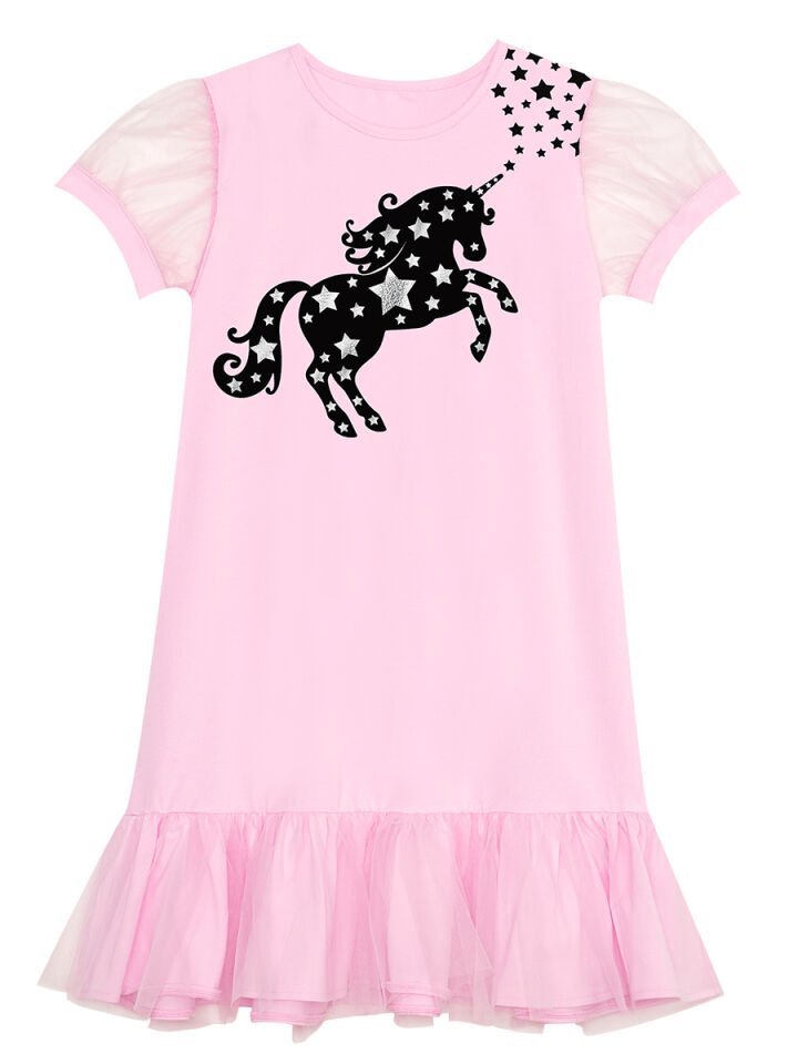 Yıldızlı Unicorn Kız Çocuk Pembe Tüllü Elbise 5 Y - Pembe