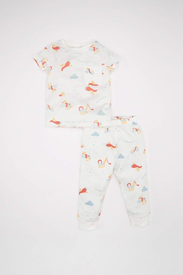 Erkek Bebek Pijama Takımı Penye Desenli Kısa Kollu Üst Beli Lastikli Uzun Alt