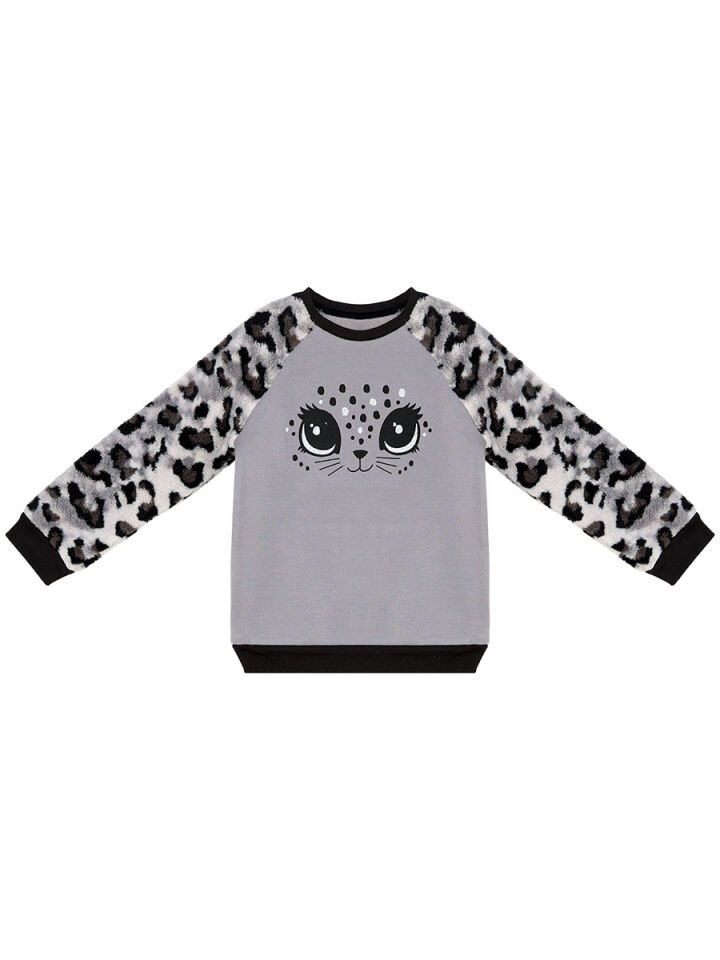 Leopar Peluş Kız Çocuk Sweatshirt 6 Y - Gri